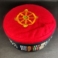 Ethnic Dharmachakra Embroidered Red Unisex Adult Sherpa cap HAT Tibet Nepal
