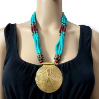 Ethnic Multi Strand Handmade Naga Spiral Brass Disc Pendant Necklace Women