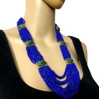 Ethnic TIBETAN Resin Mosaic Blue Glass Bead Strand Long Boho Necklace Gift