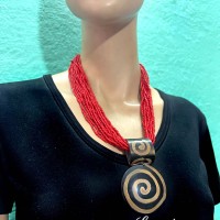 Spiral horn Red glass beads bone tribal pendant strand FASHION Necklace