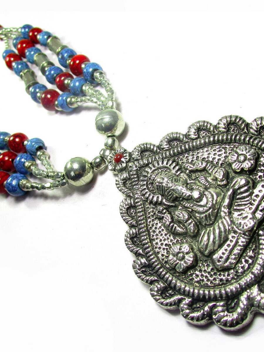Bold Multi Strand Glass Bead Ethnic Lord Ganesha Embossed Pendant Necklace - N7818
