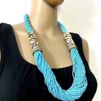 Bohemian Ethnic Naga Blue color strand tribal Hand carved NECKLACE India
