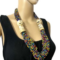 Bohemian Multi Color Glass Beads Strand Hand Carved Tribal Necklace Women