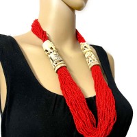 Bohemian Tribal Red Beaded Bright Color hand Carved Elephant Lion Necklace
