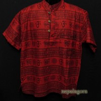 Cotton Om Mantra Block Print short sleeve Grandad Red Kurta Shirt Nepal