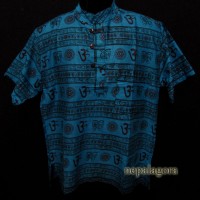 Cotton Om Mantra Block Print short sleeve Yoga Grandad Blue Kurta Shirt
