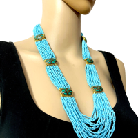 Ethnic Boho TIBETAN Mosaic Blue Glass Bead Multi Strand Long Necklace Gift