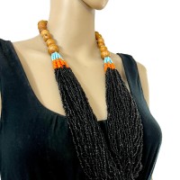 Ethnic Gypsy Tribal Glass Multi Strands BOHO Wood Beads Bone Long Necklace